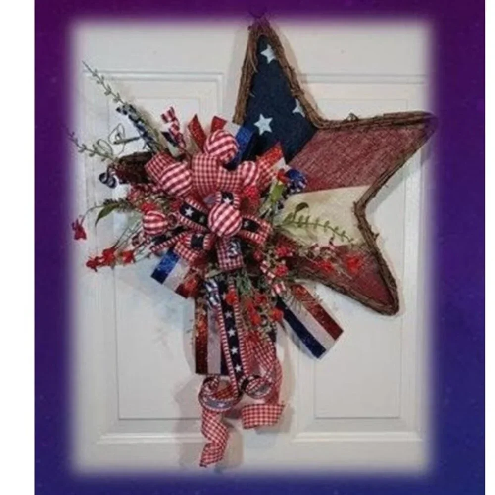 Stars / Stripes Wreath, Red White Blue Burlap Star 4th July Wreath, Hand Crafted
